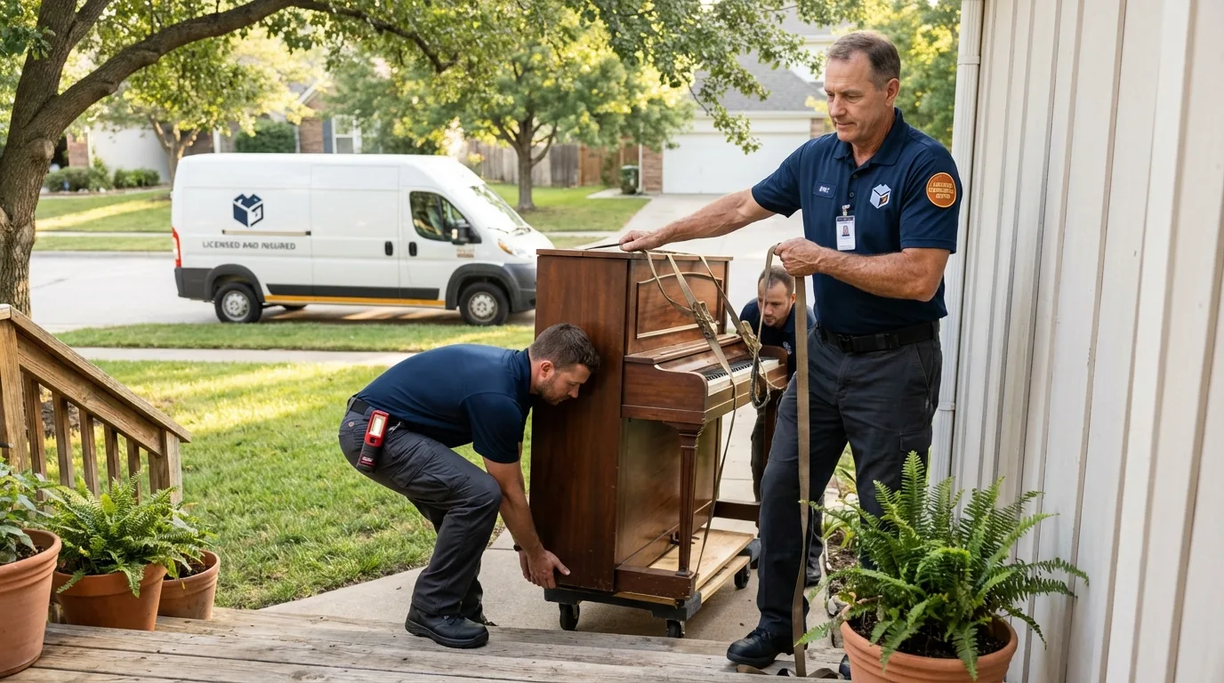 Licensed piano movers securing grand piano in Hilton Head Island, SC