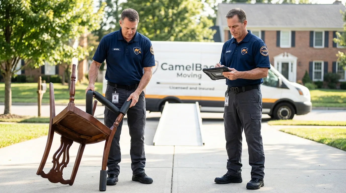 Movers inspecting furniture for damage prevention before loading in Hilton Head Island, SC