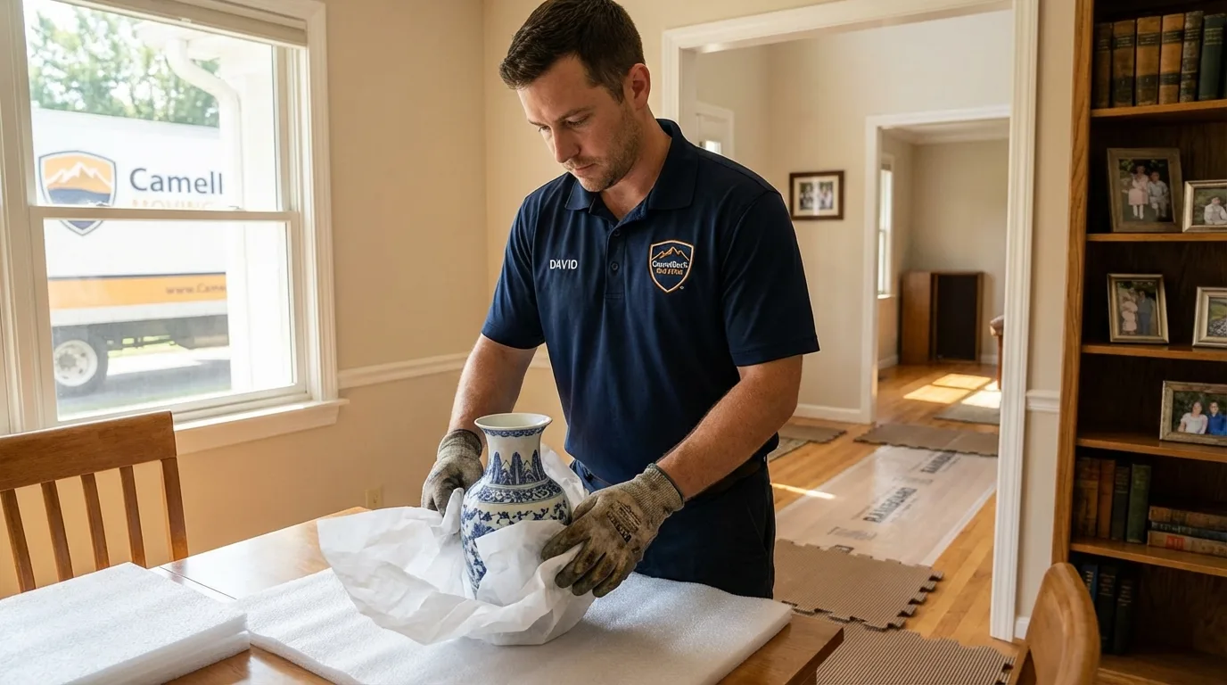 Professional crew carefully wrapping antique vase for senior downsizing move in Hilton Head Island, SC